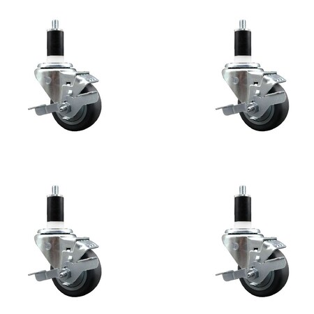 Service Caster 3'' SS Thermoplastic Rubber Swivel 1-3/8'' Expanding Stem Caster Set with Brake, 4PK SCC-SSEX20S314-TPRB-TLB-138-4